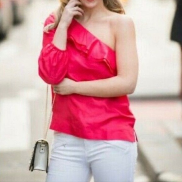 NWT J.Crew One Shoulder Silk Ruffle Blouse Poppy Red Size 12 - Picture 1 of 6